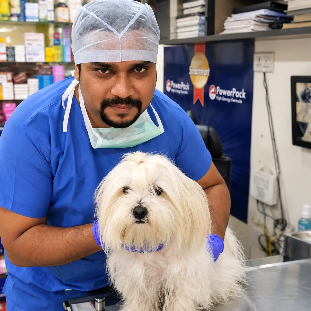 Dr. Saurabh Chaturvedi with a pet at Royal Pet Clinic